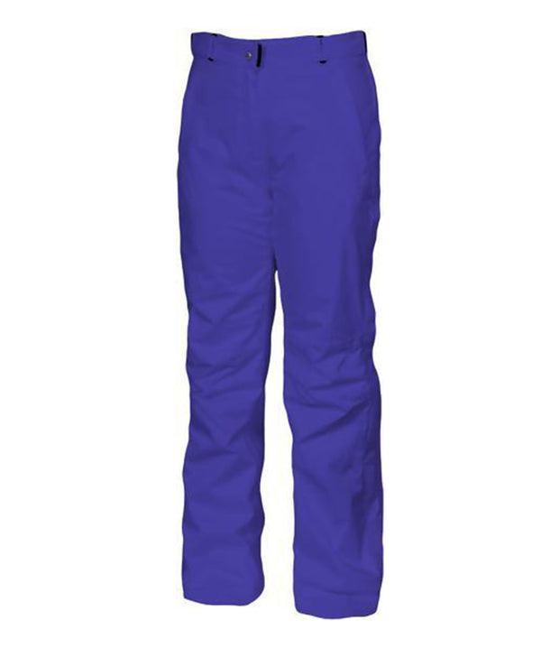 A pair of women's purple pants with zippered hand pockets, an adjustable waistband, and belt loops.