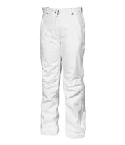 A pair of women's white pants with zippered hand pockets, an adjustable waistband, and belt loops.