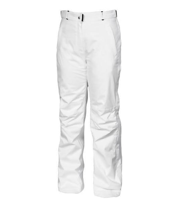 A pair of women's white pants with zippered hand pockets, an adjustable waistband, and belt loops.