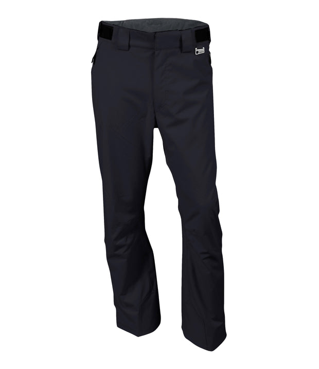 A pair of black snow pants with zippered hand pockets, and an adjustable waistband with belt loops.