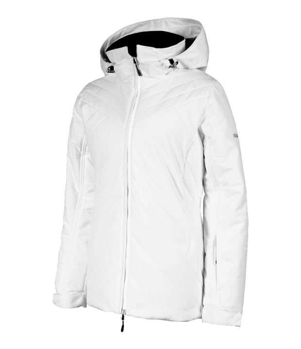 A white insulated jacket with a hood, featuring a full zipper and decorative quilting, designed for women.