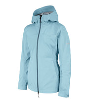 A women's light blue shell jacket featuring a front zip closure, and two side zip pockets, with a fixed hood.