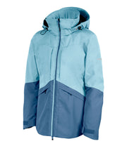 A women's two-tone insulated jacket with a blue hood, shoulders, upper chest, and upper sleeves, paired with a darker blue body and lower sleeves. The jacket features a front zip closure, zippered chest pockets, and two side zip pockets, with an adjustable hood.