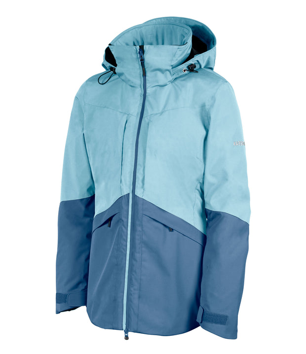 A women's two-tone insulated jacket with a blue hood, shoulders, upper chest, and upper sleeves, paired with a darker blue body and lower sleeves. The jacket features a front zip closure, zippered chest pockets, and two side zip pockets, with an adjustable hood.