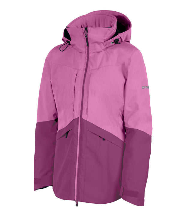 A women's two-tone insulated jacket with a pink hood, shoulders, upper chest, and upper sleeves, paired with a darker pink body and lower sleeves. The jacket features a front zip closure, zippered chest pockets, and two side zip pockets, with an adjustable hood.