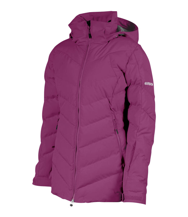 A women's purple puffer insulated jacket featuring a front zip closure, and two side zip pockets, with an adjustable hood.