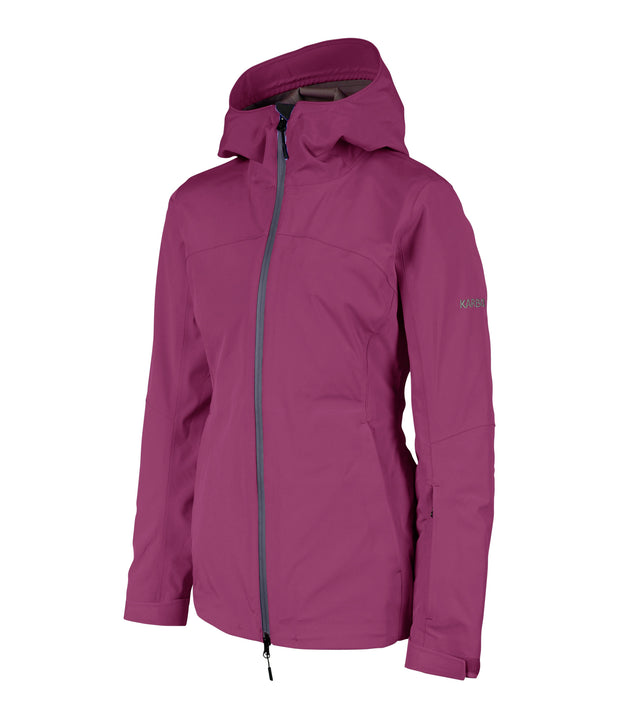 A women's purple shell jacket featuring a front zip closure, and two side zip pockets, with a fixed hood.