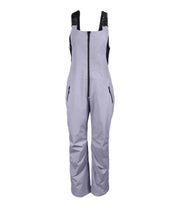 A pair of grey insulated bib pants with black suspenders, featuring multiple pockets and front zippered closures, designed for women's winter wear.