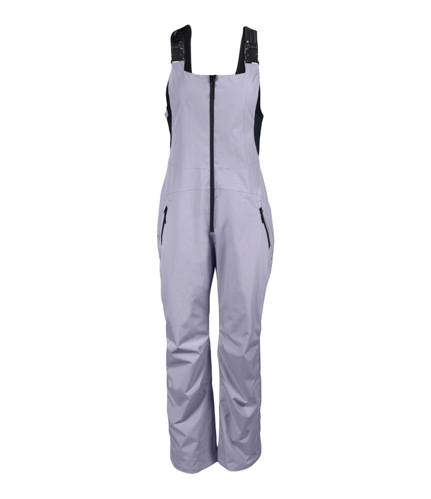 A pair of grey insulated bib pants with black suspenders, featuring multiple pockets and front zippered closures, designed for women's winter wear.