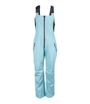 A pair of blue insulated bib pants with black suspenders, featuring multiple pockets and front zippered closures, designed for women's winter wear.