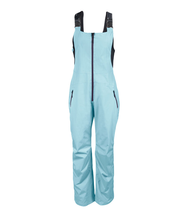 A pair of blue insulated bib pants with black suspenders, featuring multiple pockets and front zippered closures, designed for women's winter wear.