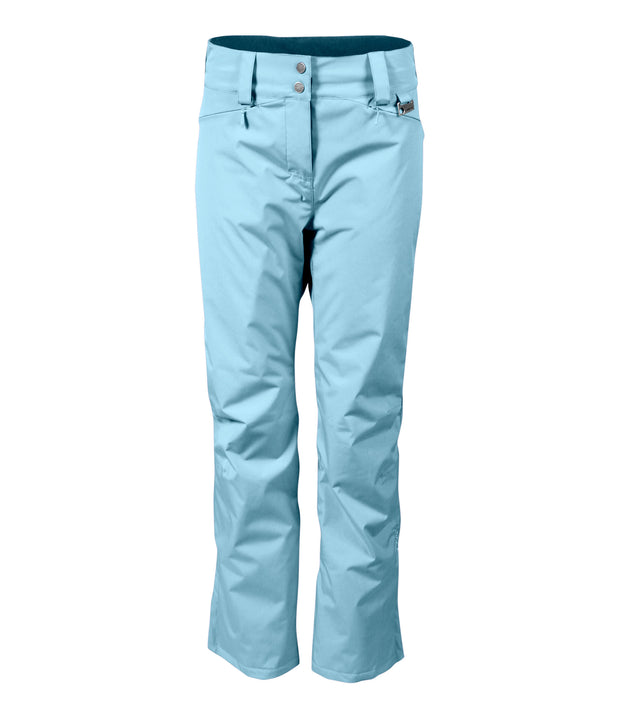 A pair of women's light grey ski pants with zippered hand pockets, and an adjustable waistband with belt loops.