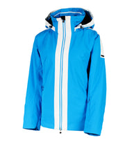 Women’s bright blue insulated jacket with two bold vertical white stripes beside the front zipper and white accents on the hood.