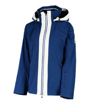 Women’s navy blue insulated jacket with two bold vertical white stripes beside the front zipper and white accents on the hood.
