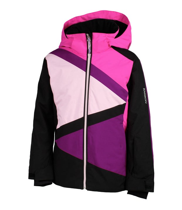 A girls' insulated jacket with a geometric pattern in pink, purple, and black, featuring a hood, a front full zip closure and hand pockets.