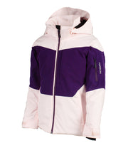 A girls' insulated jacket featuring a combination of pink and purple colors with a hood, zipper, and exterior pockets.