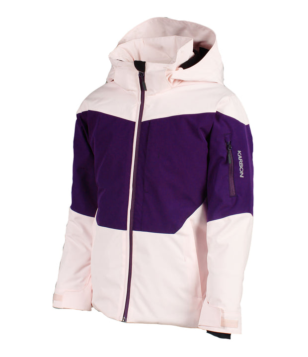 A girls' insulated jacket featuring a combination of pink and purple colors with a hood, zipper, and exterior pockets.