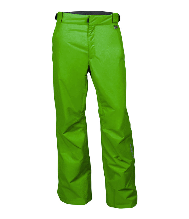 A pair of green snow pants with zippered hand pockets, and an adjustable waistband with belt loops.