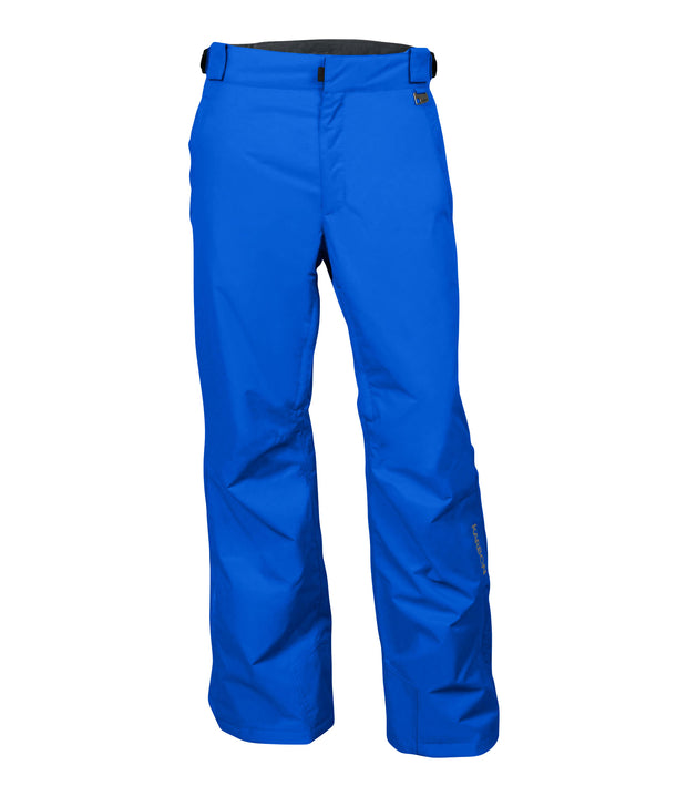 A pair of blue snow pants with zippered hand pockets, and an adjustable waistband with belt loops.