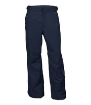 A pair of dark navy snow pants with zippered hand pockets, and an adjustable waistband with belt loops.