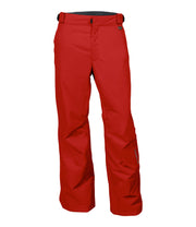 A pair of red snow pants with zippered hand pockets, and an adjustable waistband with belt loops.