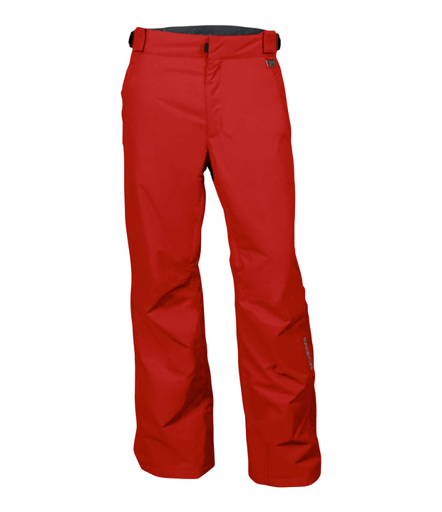 A pair of red snow pants with zippered hand pockets, and an adjustable waistband with belt loops.