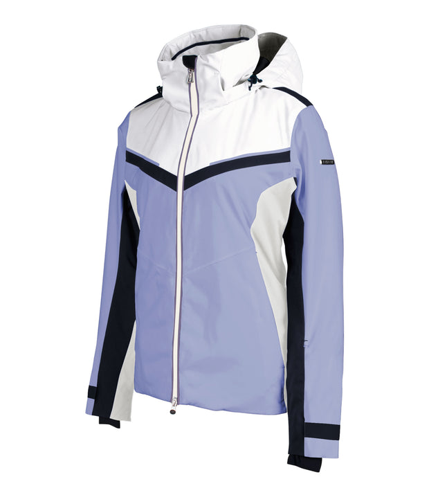Light purple and white women's jacket with black accents and a front zippered closure