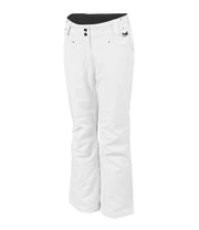 A pair of white insulated pants for women, featuring a full zipper, adjustable waistband, and reinforced crotch construction.