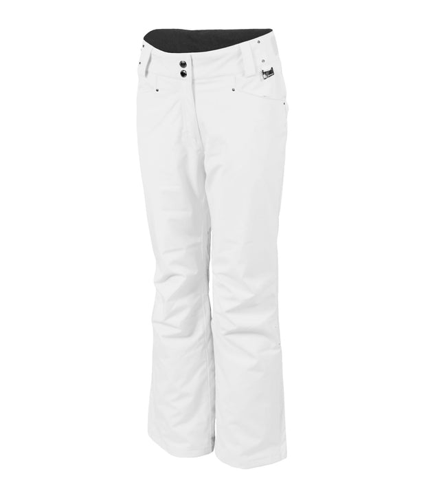 A pair of white insulated pants for women, featuring a full zipper, adjustable waistband, and reinforced crotch construction.