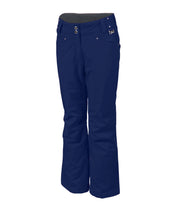 A pair of navy blue insulated pants for women, featuring a full zipper, adjustable waistband, and reinforced crotch construction.