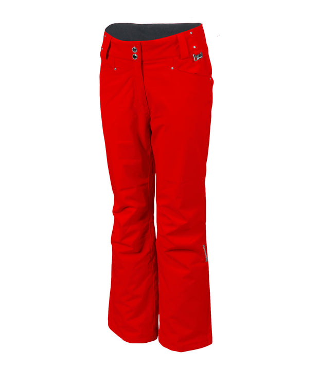 A pair of red insulated pants for women, featuring a full zipper, adjustable waistband, and reinforced crotch construction.