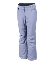A pair of purple insulated pants for women, featuring a full zipper, adjustable waistband, and reinforced crotch construction.