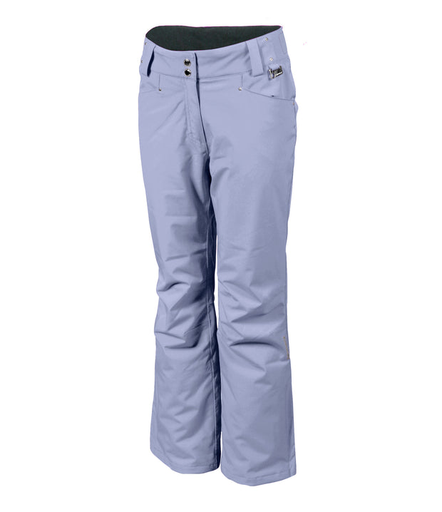 A pair of purple insulated pants for women, featuring a full zipper, adjustable waistband, and reinforced crotch construction.