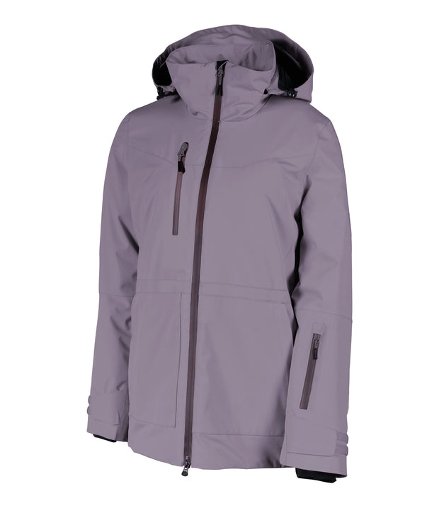 A women's purple insulated jacket featuring a front zip closure, a zippered chest pocket, a sleeve pocket and two side zip pockets with an adjustable hood.