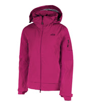 A women's pink shell jacket featuring a front zip closure, zippered sleeve pocket, and two side zip pockets, with a fixed hood.