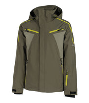 A men's color-blocked jacket with a dark army green hood, body, and sleeves, paired with light army green panels on the upper chest and under arms. The jacket features yellow trim details, a front zip closure, two zippered chest pockets, zippered side pockets, a zippered pocket near the left wrist, and an adjustable hood.