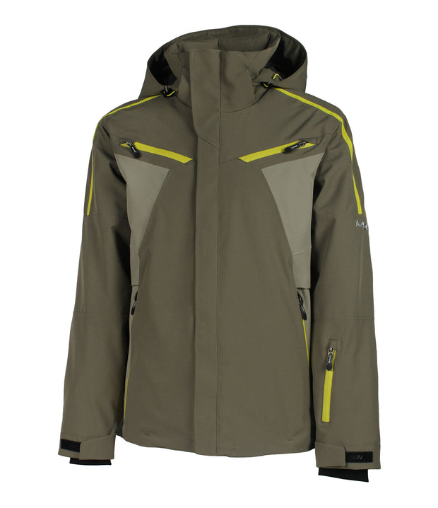 A men's color-blocked jacket with a dark army green hood, body, and sleeves, paired with light army green panels on the upper chest and under arms. The jacket features yellow trim details, a front zip closure, two zippered chest pockets, zippered side pockets, a zippered pocket near the left wrist, and an adjustable hood.
