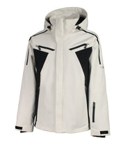 A men's color-blocked jacket with a light beige hood, body, and sleeves, paired with black panels on the upper chest and under arms. The jacket features black trim details, a front zip closure, two zippered chest pockets, zippered side pockets, a zippered pocket near the left wrist, and an adjustable hood.