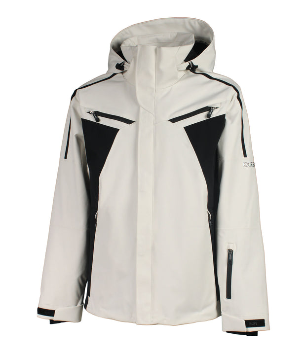 A men's color-blocked jacket with a light beige hood, body, and sleeves, paired with black panels on the upper chest and under arms. The jacket features black trim details, a front zip closure, two zippered chest pockets, zippered side pockets, a zippered pocket near the left wrist, and an adjustable hood.