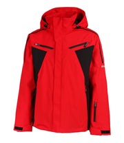 A men's color-blocked jacket with a red hood, body, and sleeves, paired with black panels on the upper chest and under arms. The jacket features black trim details, a front zip closure, two zippered chest pockets, zippered side pockets, a zippered pocket near the left wrist, and an adjustable hood.