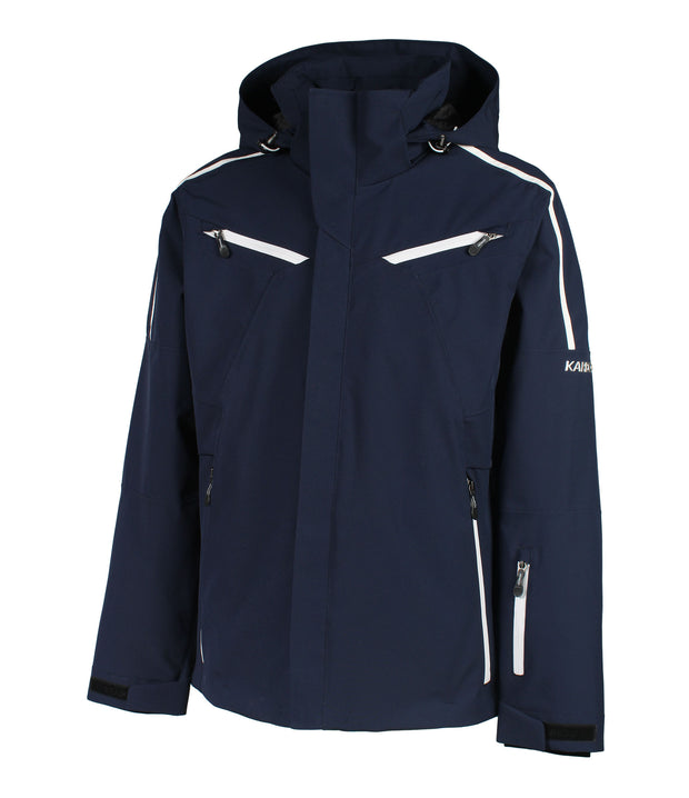 A men's dark navy jacket featuring white trim details, a front zip closure, two zippered chest pockets, zippered side pockets, a zippered pocket near the left wrist, and an adjustable hood.