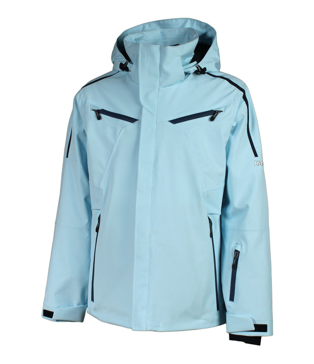 A men's light blue jacket featuring dark navy trim details, a front zip closure, two zippered chest pockets, zippered side pockets, a zippered pocket near the left wrist, and an adjustable hood.