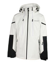A men's white insulated jacket with black accents on the sleeves. The jacket features a black front zip closure, two side zip pockets, a zippered pocket near the left wrist, and a hood.