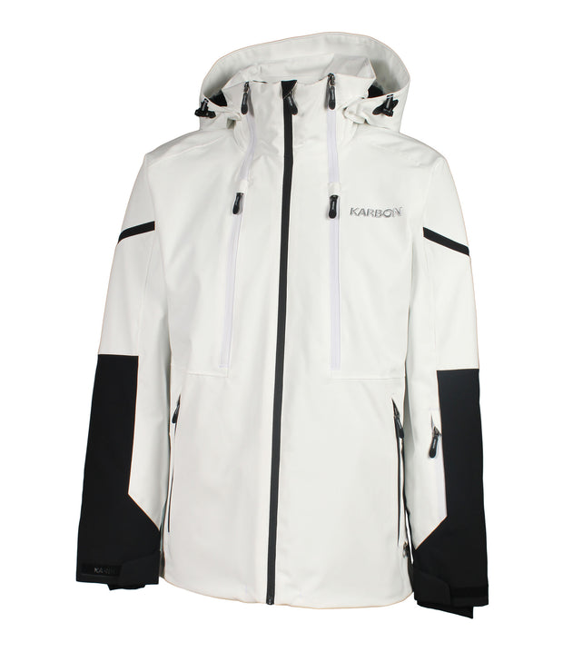 A men's white insulated jacket with black accents on the sleeves. The jacket features a black front zip closure, two side zip pockets, a zippered pocket near the left wrist, and a hood.