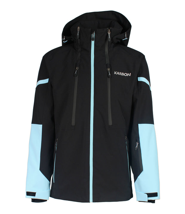 A men's black insulated jacket with blue accents on the sleeves. The jacket features a blue front zip closure, two side zip pockets, a zippered pocket near the left wrist, and a hood.