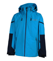 A men's blue insulated jacket with navy blue accents on the sleeves. The jacket features a navy blue front zip closure, two side zip pockets, a zippered pocket near the left wrist, and a hood.