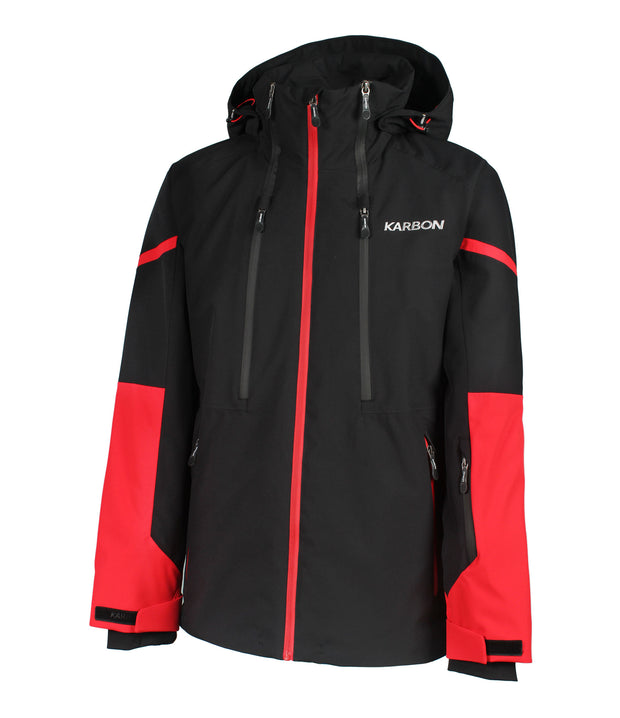 A men's black insulated jacket with red accents on the sleeves. The jacket features a red front zip closure, two side zip pockets, a zippered pocket near the left wrist, and a hood.