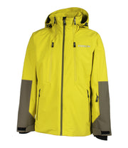 A men's light green insulated jacket with dark green accents on the sleeves. The jacket features a dark green front zip closure, two side zip pockets, a zippered pocket near the left wrist, and a hood.