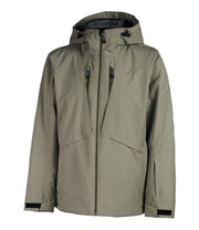 A dark green jacket with a front zip closure, two zippered chest pockets, a hood, and a zippered hand pockets.