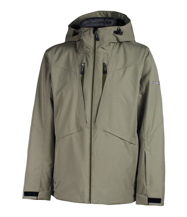 A dark green jacket with a front zip closure, two zippered chest pockets, a hood, and a zippered hand pockets.